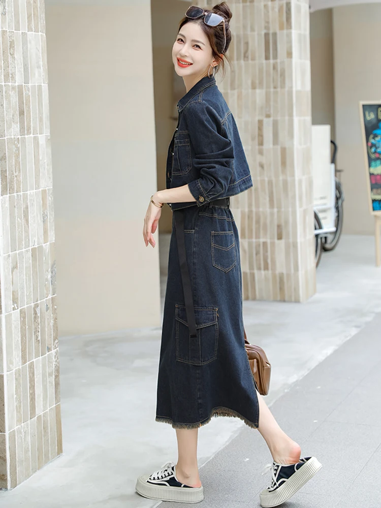 Autumn Vintage Denim Suits Fashion Long Sleeve Pocket Short Jean Coats+High Waist Back Split Skirts 2 Pieces Sets