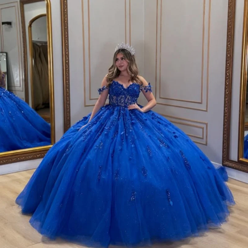 

Customized royal blue Quinceanera Dresses Off the Shoulder sequin applique Long tail 3D flower Vestido 15 Quinceanera
