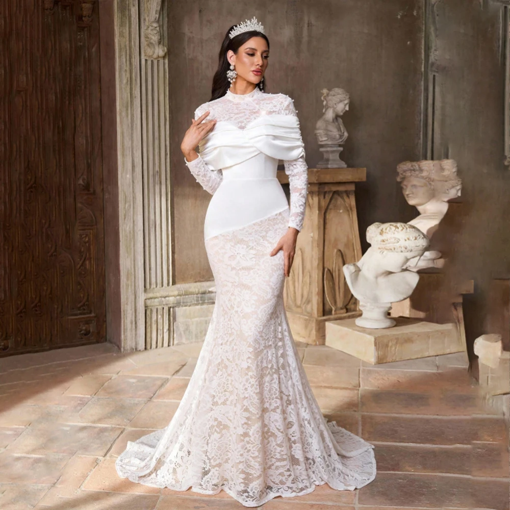 

Muslim Lace Wedding Dresses Hijab High Neck Long Sleeve Bride Dress Mermaid Islam Civil Bridal Gown Customized robe de mariée