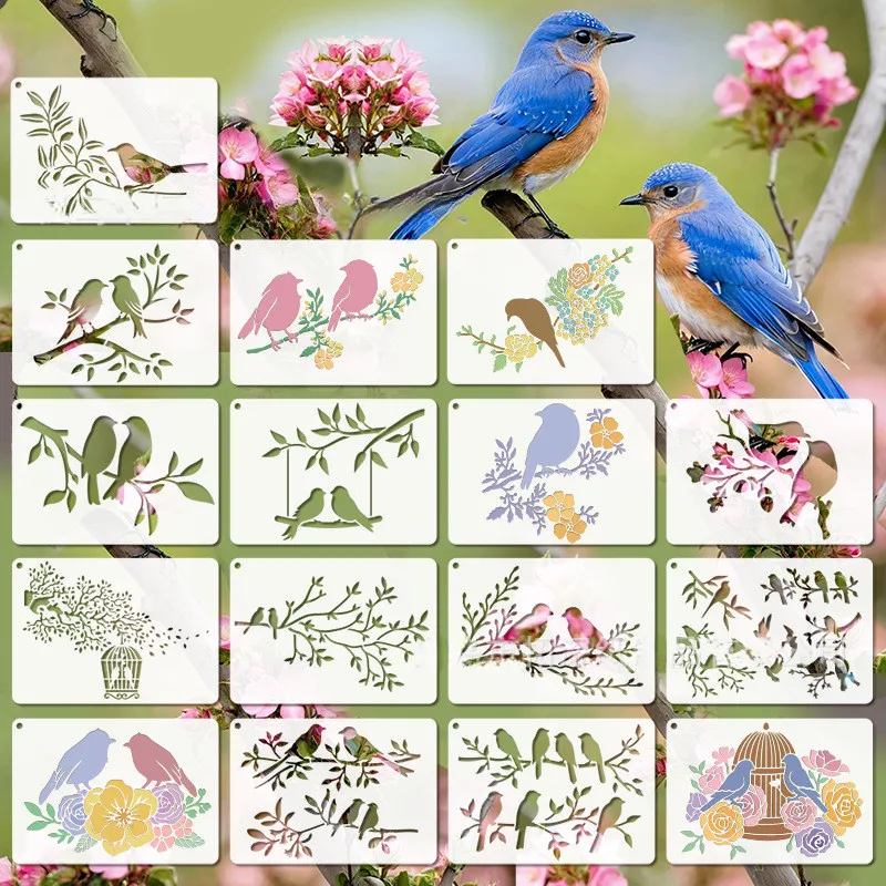 

16 шт. большая многоразовая пластиковая птица на ветке, силуэт листьев, шаблон для рисования дерева, колибри, шаблон для домашнего декора, инструмент