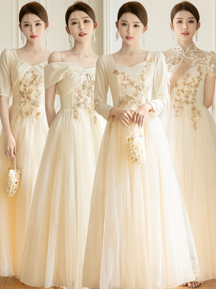 

Flowers Embroidery Champagne Bridesmaid Dresses For Women New Summer Stain Lace Splicing Style Long Sleeve Sisters Group Dresses