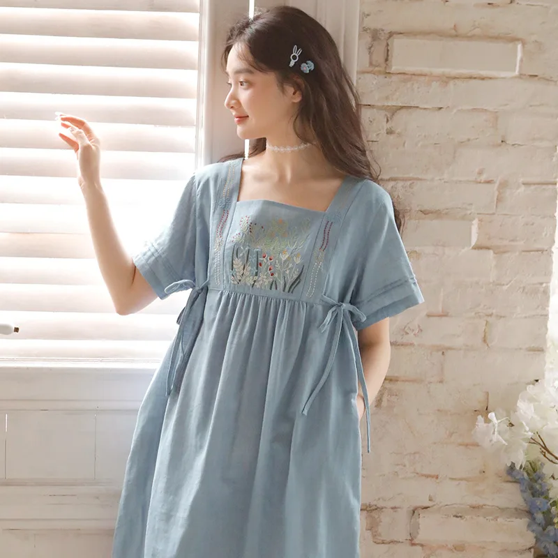 Sweet 100% Cotton Embroidery Nightgowns For Women Short Sleeve Sleepwear Vintage Princess Elegant  Loose  Home Dress