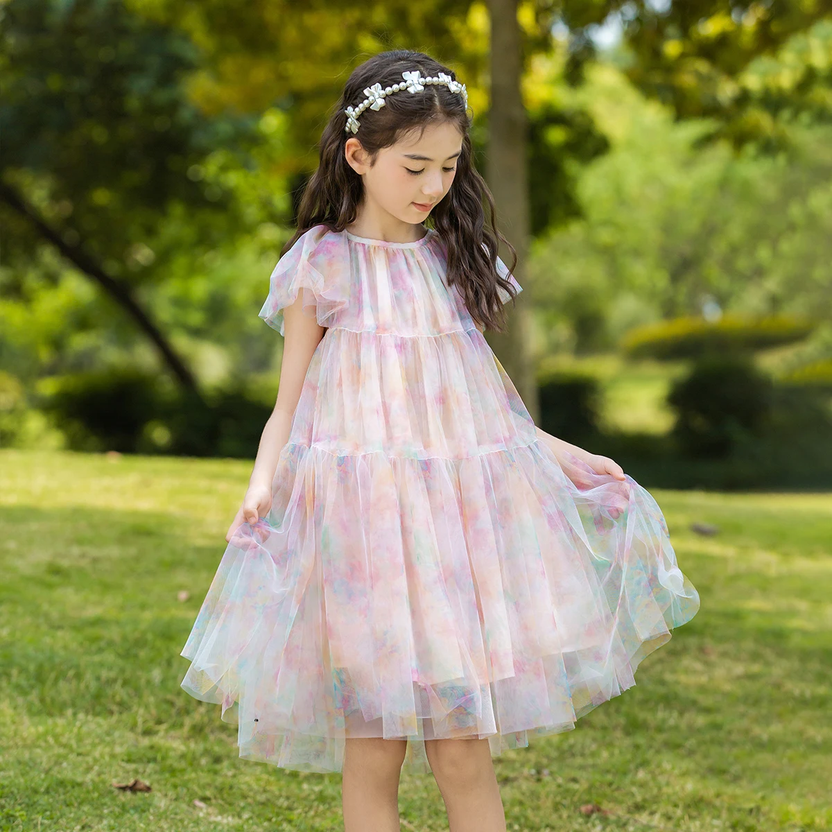 Sweet Kids Girl Summer Dress O-Neck Flying Sleeves Colorful Printed Tulle Vestidos Wedding Party Children\'s Dresses Outfit