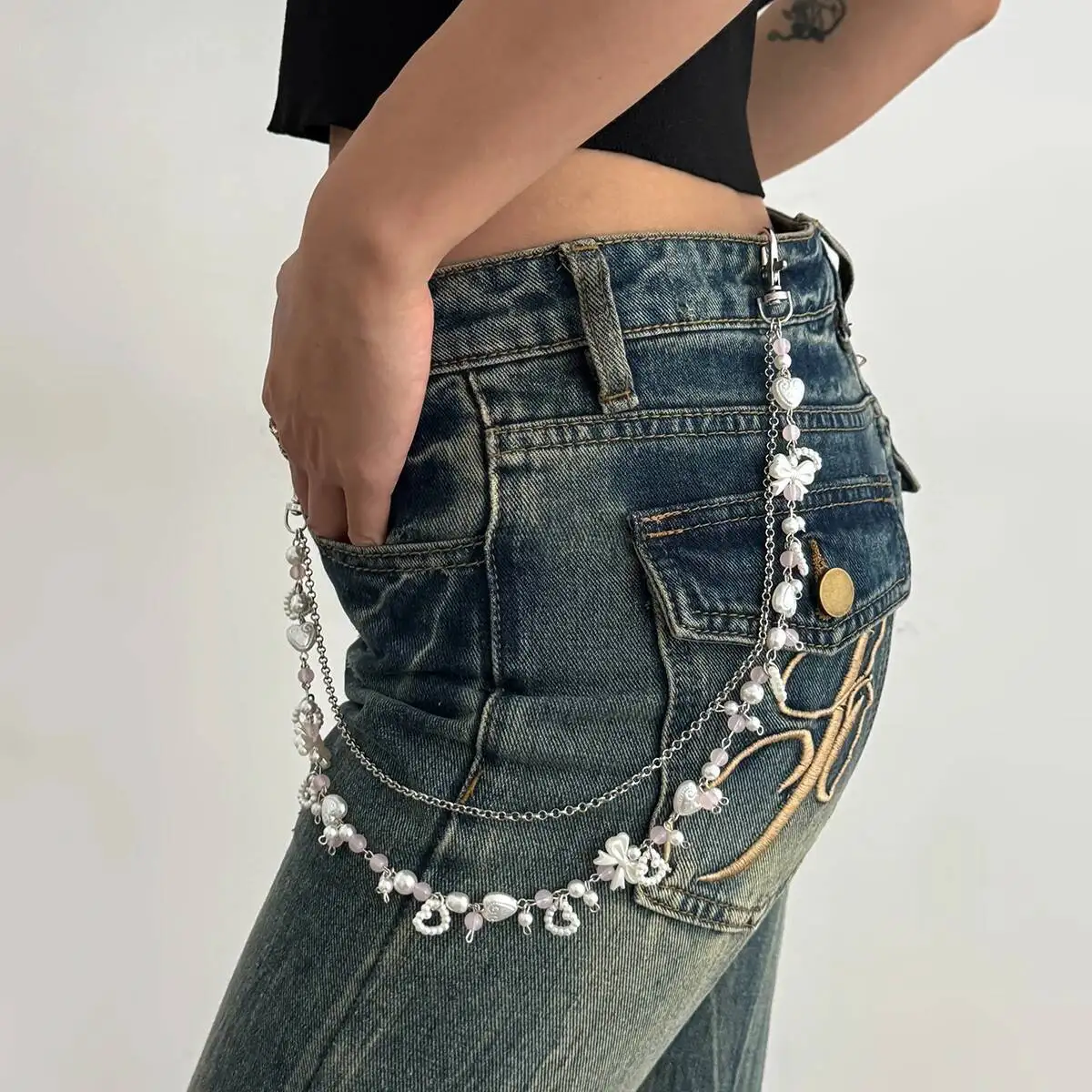 Salircon Exquisite Imitation Perle Bowknot Schlüsselbund Brieftasche Gürtel Kette Frauen HipHop Jeans Zubehör Hipster Hosen Kette Schmuck