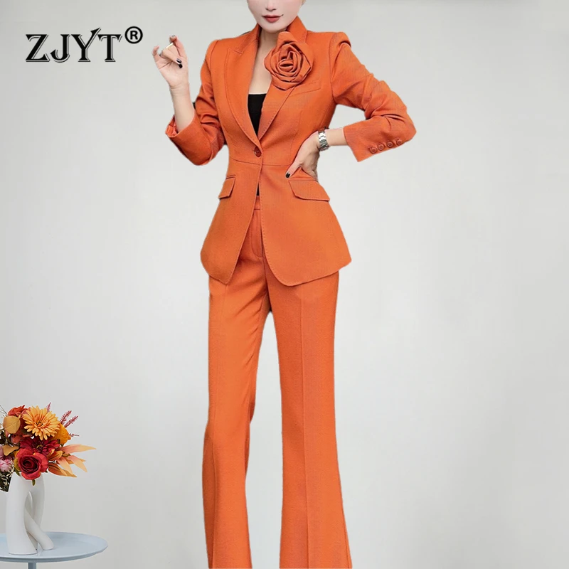 

ZJYT 3D Floral Blazer Suits Pant 2 Piece Matching Sets Women Conjunto Para Mujeres Office Lady Formal Trousers Sets Party Outfit