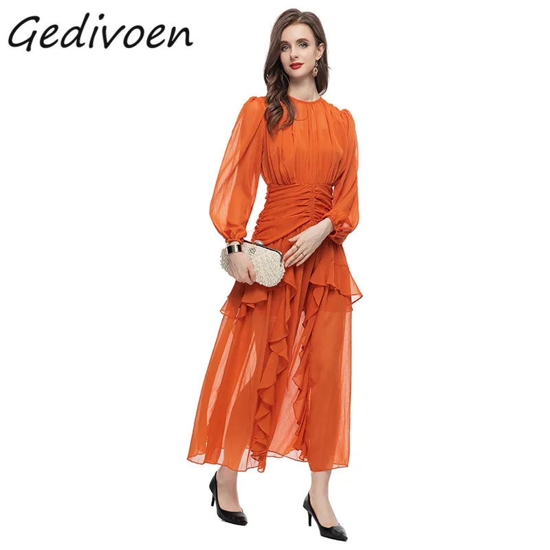 

Gedivoen Summer Fashion Designer Vintage Solid Color Dress Women's O-Neck Elastic Waist Ruffles Splicing Temperament Long Dress