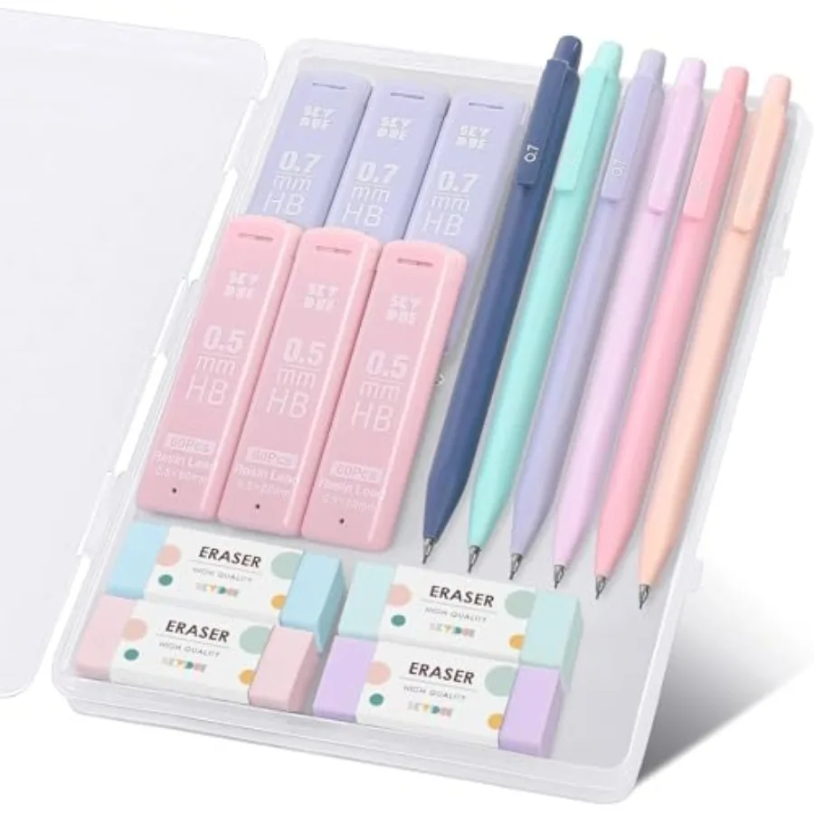 Cute Mechanical Pencils Set, 0.5mm and 0.7mm Mechanical Pencils, 360PCS HB Lead Refills, 4PCS Pastel Erasers, Pastel Aesthetic