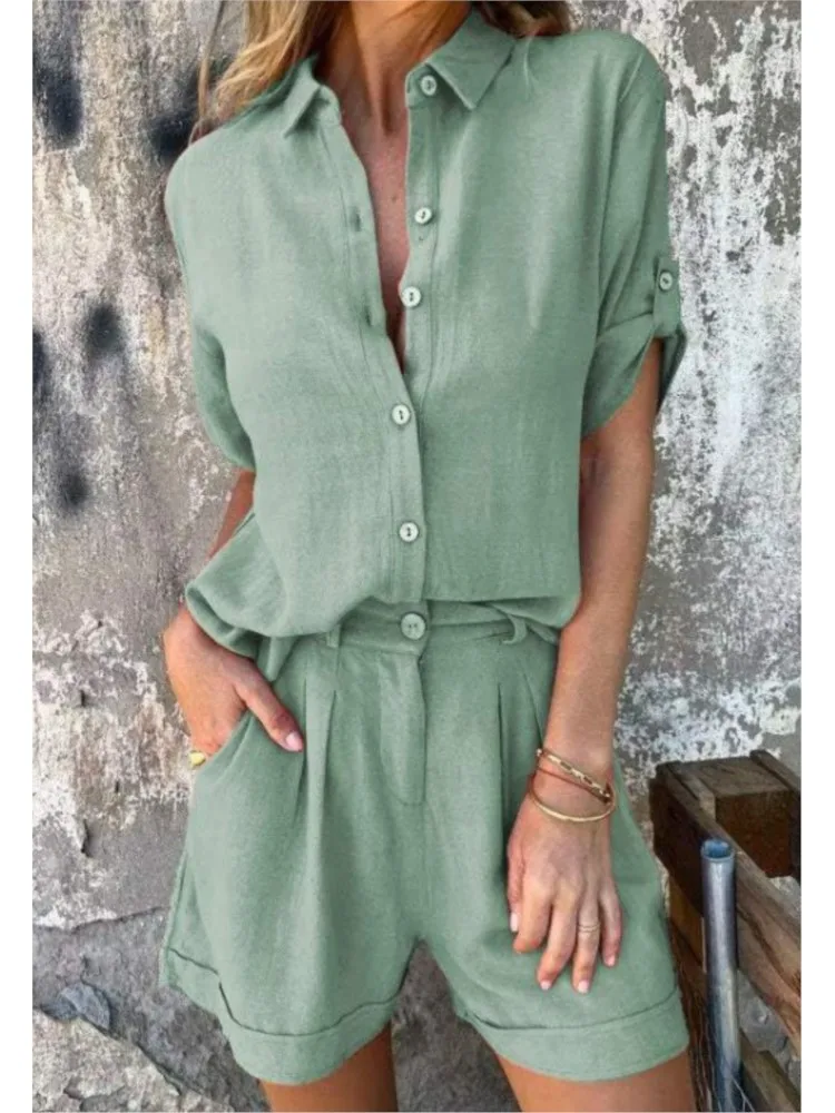 Solid Color Shirt Short-sleeved Women\'s Suit Summer New Fashion Cotton And Linen Shorts Casual Pocket Shorts Female 2 Piece Set