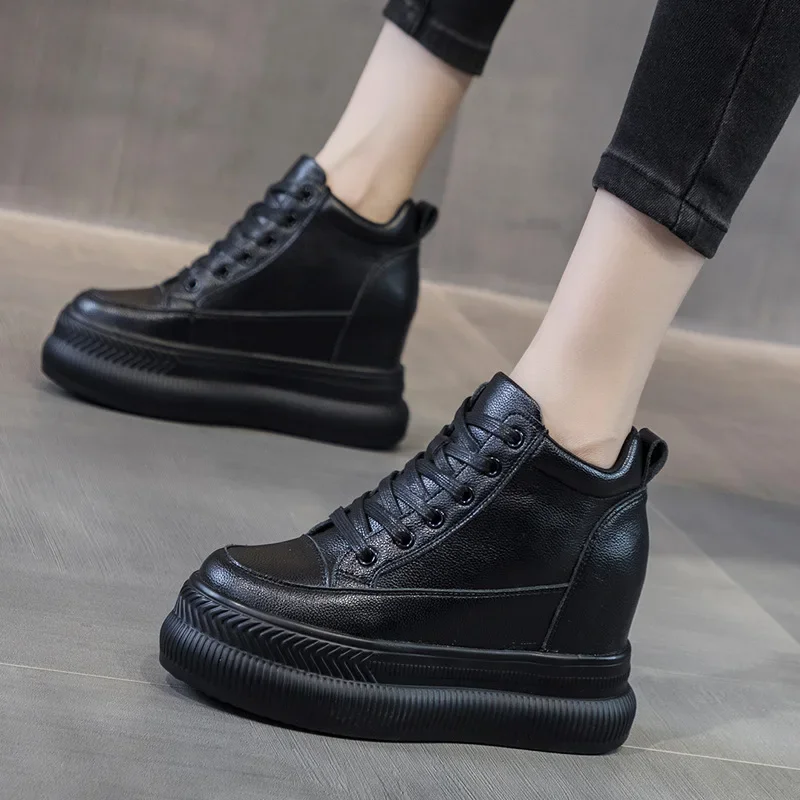 Fujin 9cm Genuine Leather Platform Wedge Sneakers Hidden Heel Super High Motorcycle Ankle Boots Autumn Winter Plush Women Shoes