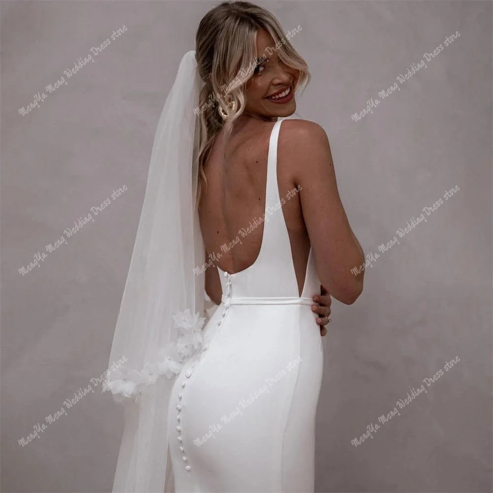ZHUISHU 맞춤형 스판덱스 새틴 웨딩 드레스 스퀘어 칼라 민소매 백리스 신부 분리형 기차 Vestido de novia