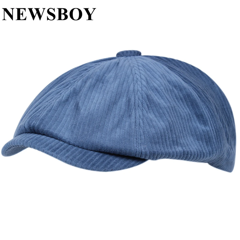 NEWSBOY Blue Vintage Corduroy Cap Men Women Beret Male Autumn Winter Hat Solid Men\'s octagonal Cap Khaki Black Coffee