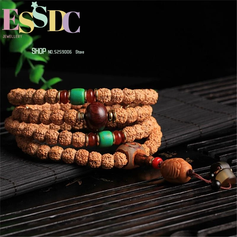 New Arrival Nepali Rudraksha 108 Mala Beads  String Hand Carved Olive Core Buddha Pendant Bracelet Buddhist Jewelry Dropship