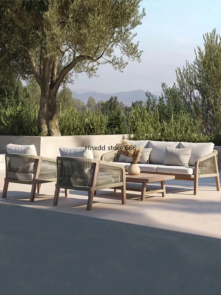 Outdoor double sofa, courtyard garden, waterproof and sunscreen, leisure and preservative teak Nordic villa furniture