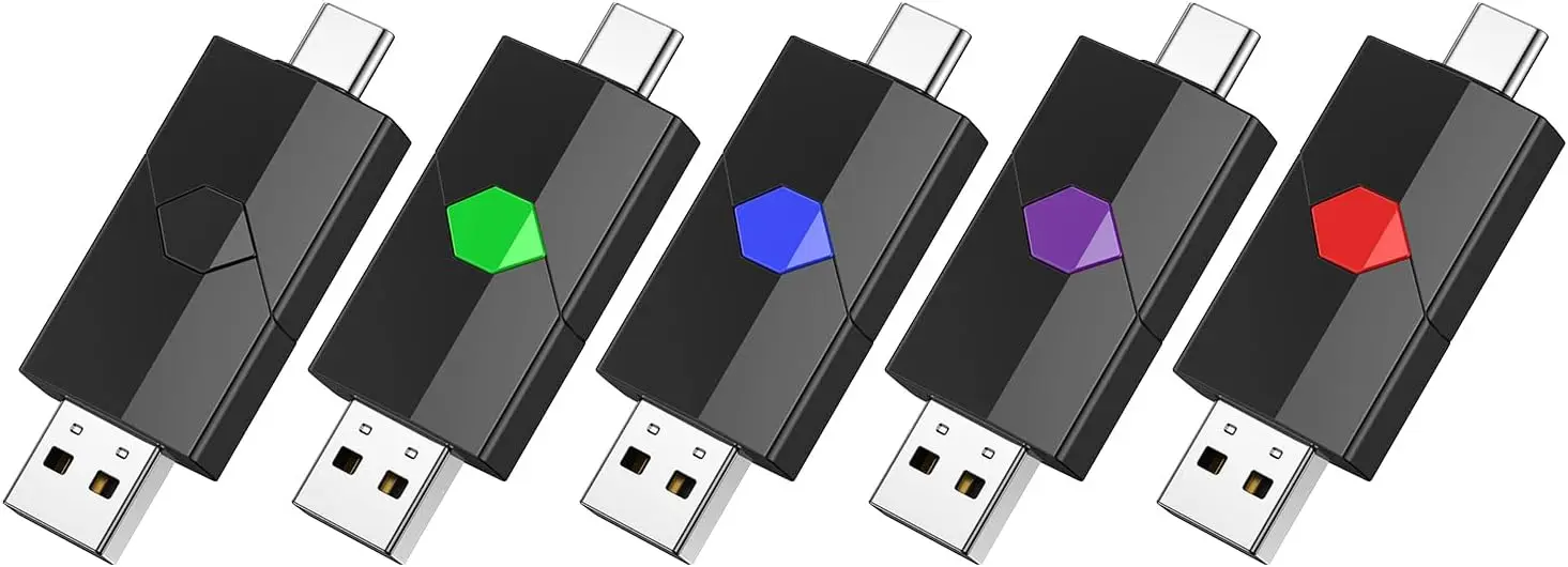 128GB USB C Flash Drive 5 Pack - Dual Type C + USB A, Retractable USB 2.0 Thumb Drives (Black, Green, Red, Blue, Purple)