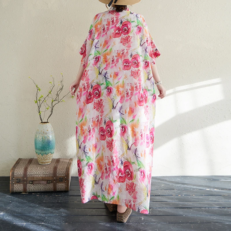 Robe d'été longue en coton et chanvre pour femmes, imprimée, Style vacances, col en v, manches courtes, rétro, grande taille, A395, 2025