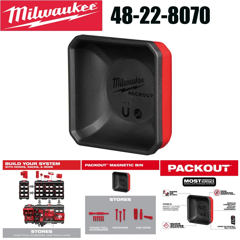 Milwaukee 48-22-8070 PACKOUT Magnetic Bin Non-Marring Magnetic Base Modular Wall Mount Storage Tray for Screws Bits & Fasteners