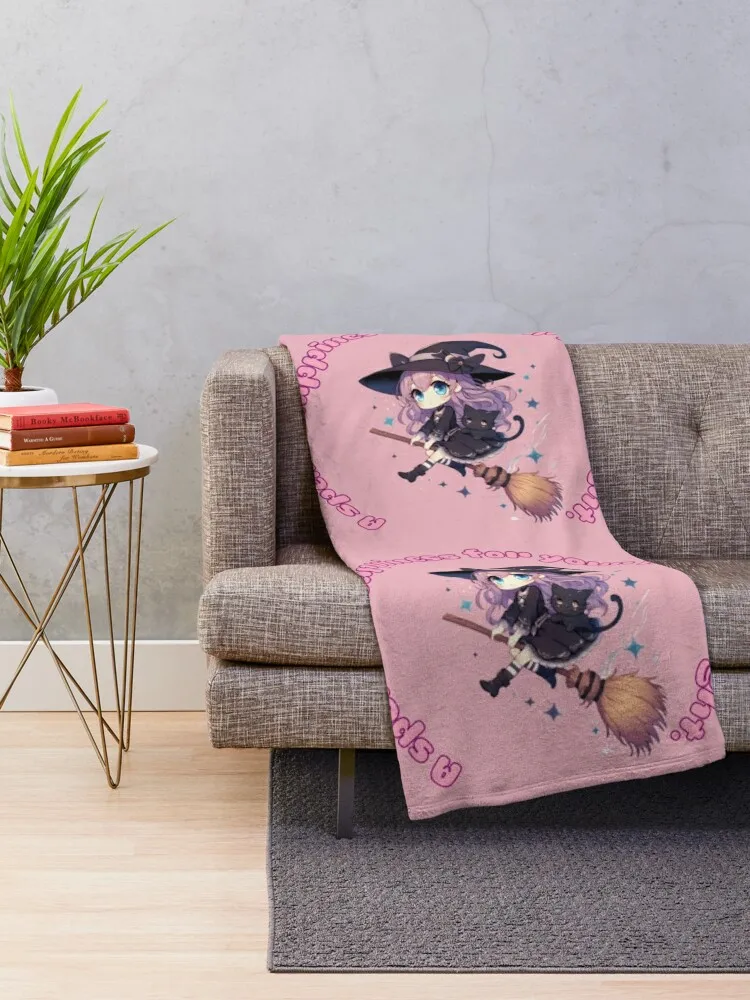 A spell of happiness for your magical night, kawaii little witch on her flying broom Throw Blanket Decorative Throw Blankets