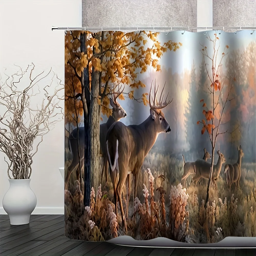 

1pc Shower Curtain - Autumn Forest with Deer in a Serene Woodland Scene for a Nature-Inspired Bathroom Waterproof