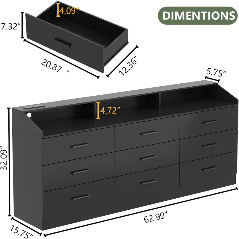 9 Drawers Dresser, Dresser for Bedroom with Power Outlet, Modern Chest of Drawers with LED Light, Storage Dresser with Open Stor