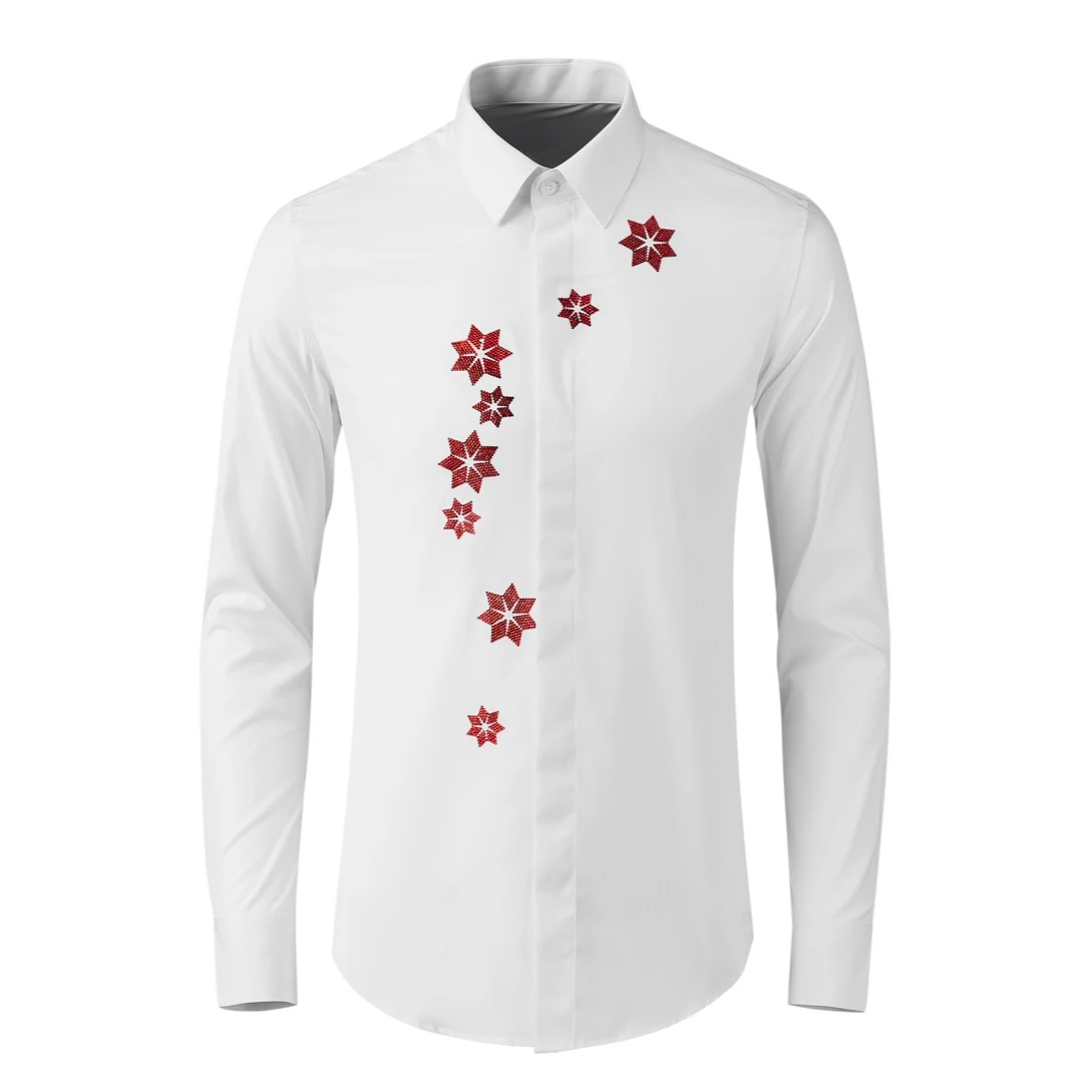 

2025 Autumn Star Rhinestone Long Sleeve Shirts Slim Fit Casual Business Dress Shirts Fashion Banquet Stage Performance Costumes