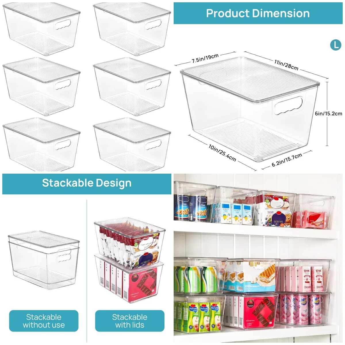 

Прозрачные штабелируемые контейнеры для хранения с крышками, большие пластиковые контейнеры с ручками для кладовой, кухни, ванной комнаты, гардероба