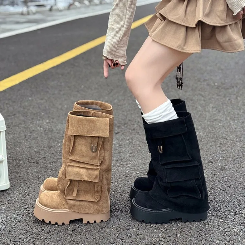 

New Retro Women Shoes Exquisite Pocketed Cargo Slouch Boots for Woman Fashion Platform Mid Calf Boots Designer Shoes Botas Mujer