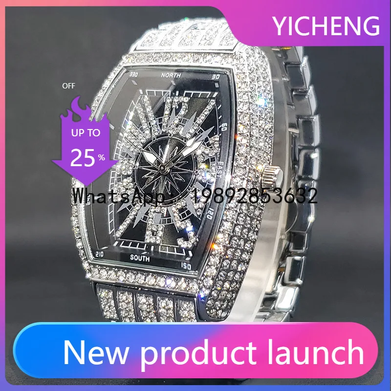 

XL Full Diamond Hip Hop Unique Digital Men's Watch, Barrel-Shaped Black Dial, Stylish Rap Quartz Watch