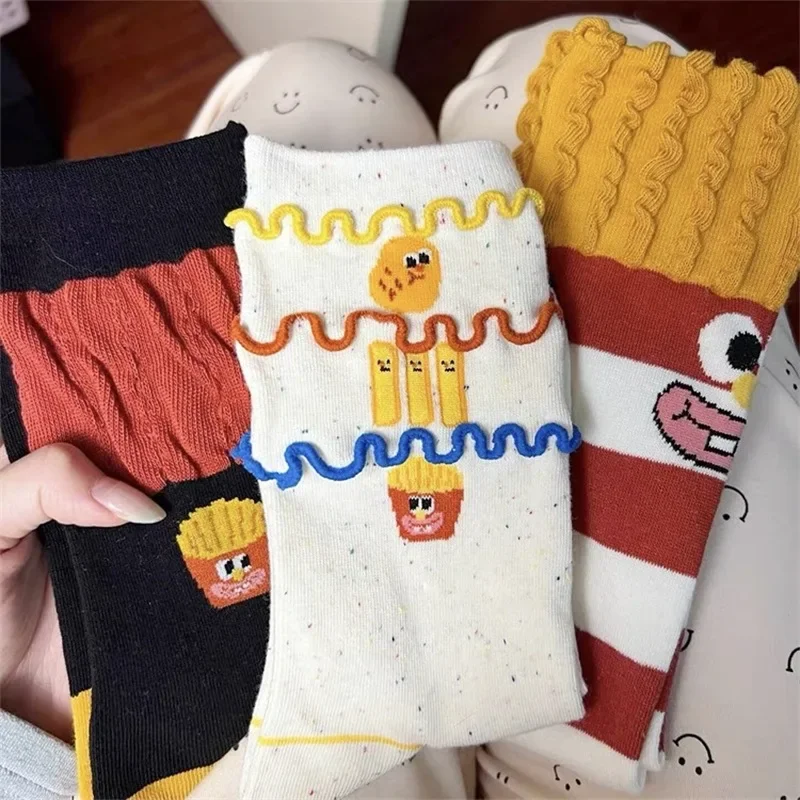 Korean Fashion Hamburg French Fries Mid Tube Socks Women Funny Cute Striped Cartoon Graffiti Socks Cotton Harajuku Sweet Socks