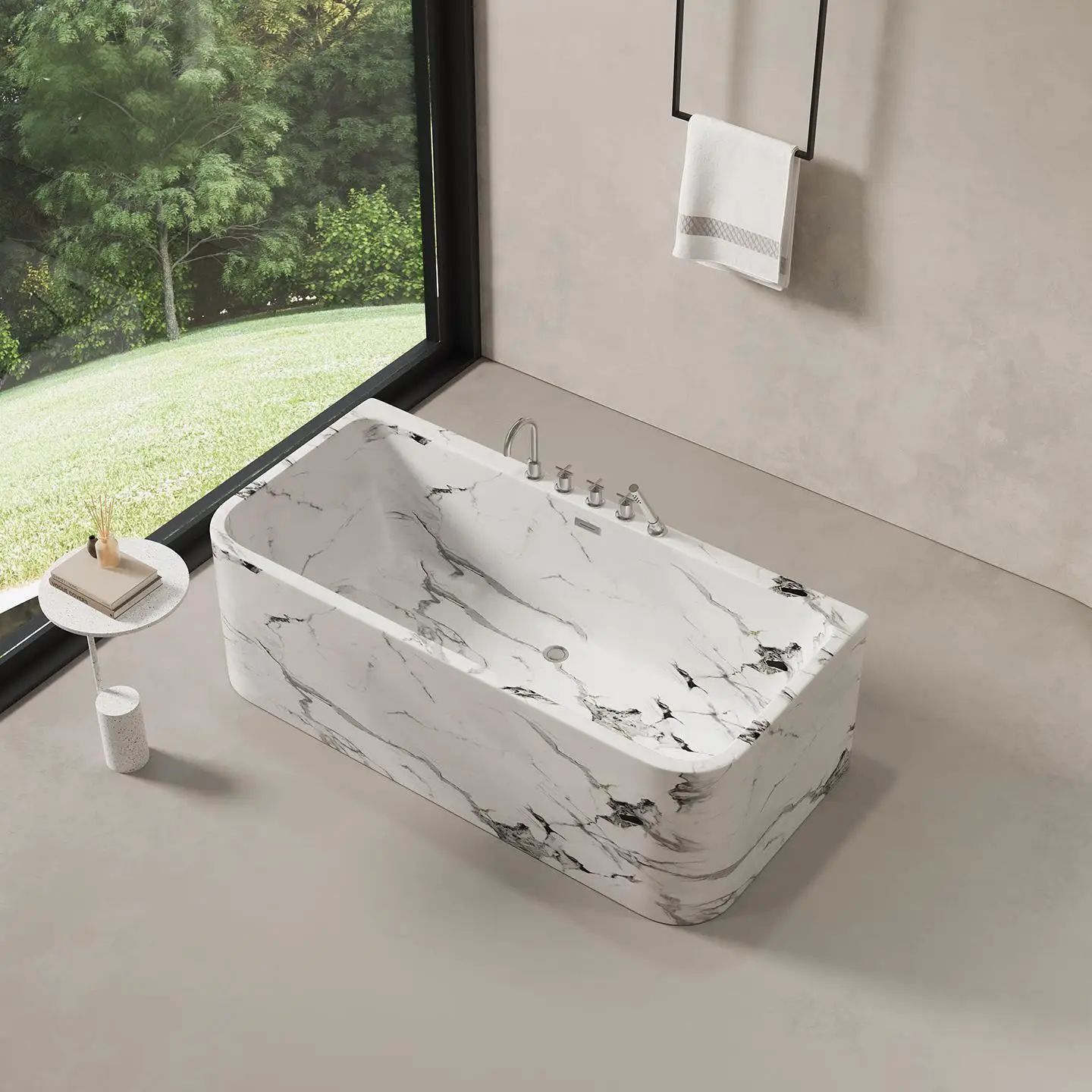 

JC French Style Skirted Tub, Snow White Marble Soaking Tub for Hotel Villa, Heat Retention & Easy Clean, Body Contour, Customiza