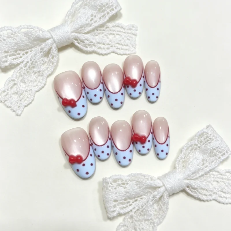 10pcs Handmade Nails Red French Polka-dot Cat-eye Bow Design Short Oval Shape These Press-on Nails Make A Great Gift for Girls