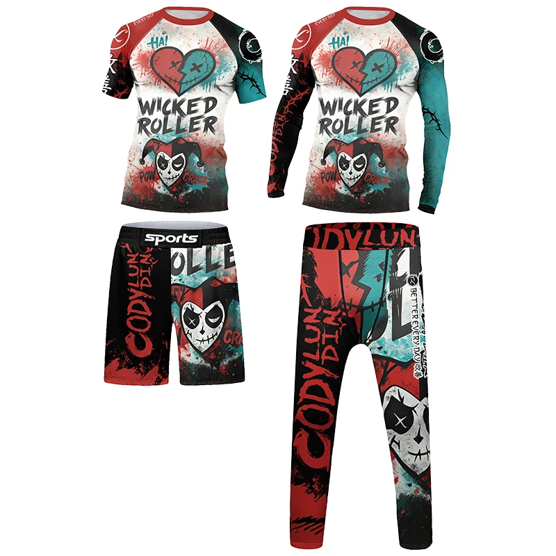 Children Rash Guard Brazilian Jiu-Jitsu Funny Clothes Boy MMA Shorts Compression Boxing Grappling Leggings 4 Pcs/Sets Sportsuits