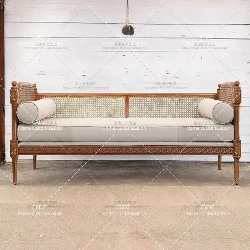 Rustic Antique Solid Wood Woven Rattan Sofa Living Room Villa Double Triple Sofa