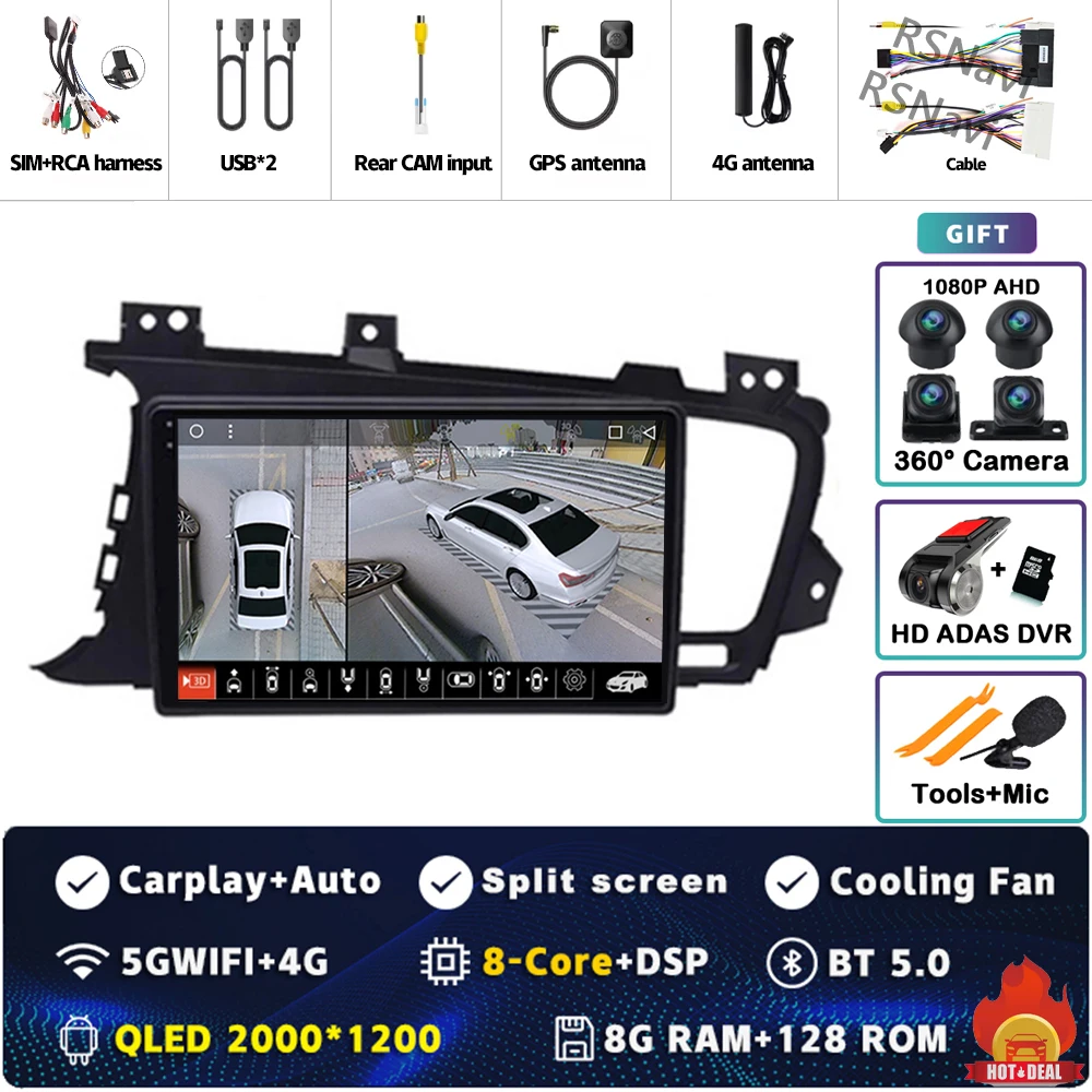 Plug en Play Android 15 Carplay Auto Qualcomm Scherm Autoradio Speler Voor KIA Kia K5 Optima 2011-2015 GPS Stereo Wifi + 4G DSP