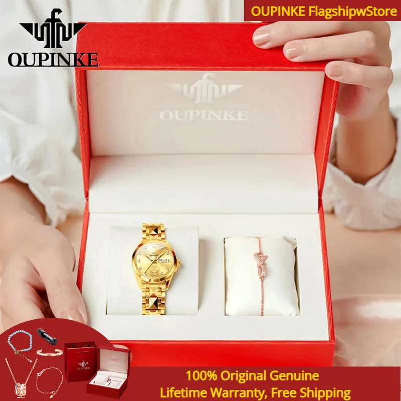 

OUPINKE Real Gold Real Diamond Women Watch Luxury Gold Wealth Imported Mechanical Watch Tungsten Steel Women Automatic Watch