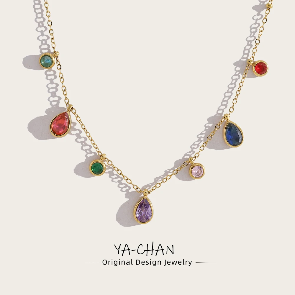 

YACHAN Colorful Zircon Crystal Charm Stainless Steel Necklace for Women Chic Luxury Vintage 18K Gold Plated Jewelry