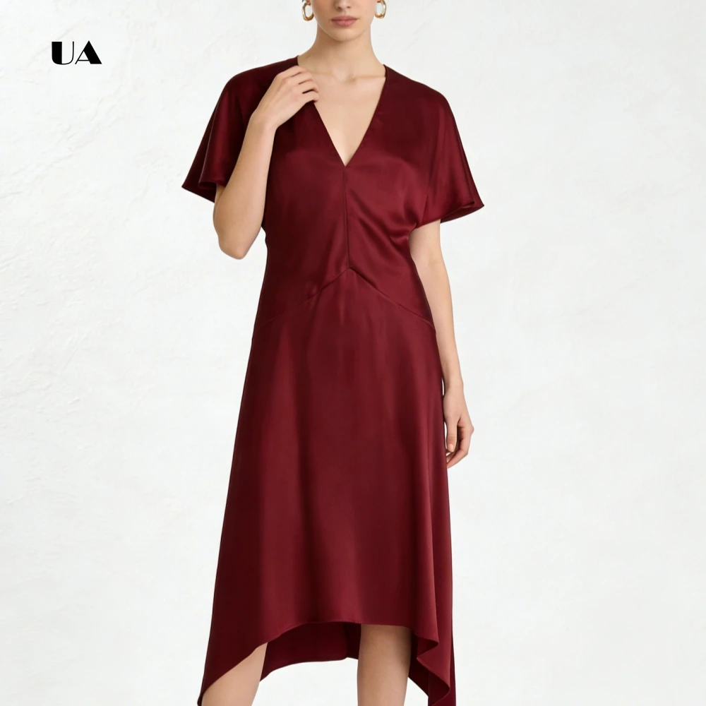 ULBYANRY サテン アシンメトリー プロムドレス 深いVネック、フレアスリーブ付きソリッドイブニングドレス、ドレープカスタマイズパーティードレス