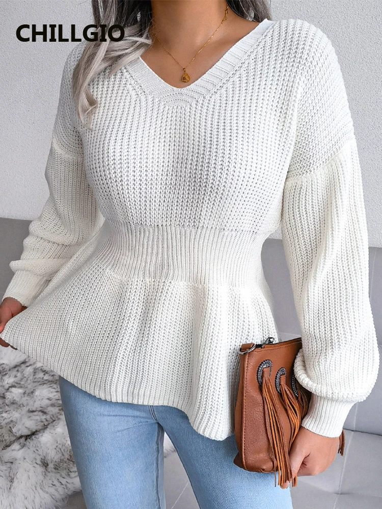 CHILLGIO Women Knitted Sweater Autumn Fashion V Neck Knit Tops Streetwear Casual Warm Knitwear Solid Winter Knitting Pullovers