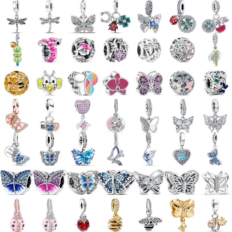 

925 Silver Bee Caterpillar Butterfly Dragonfly Ladybug Four Leaf Clover Lucky Charm Beads Fit Pantaro Bracelet Fine Jewelry Gift