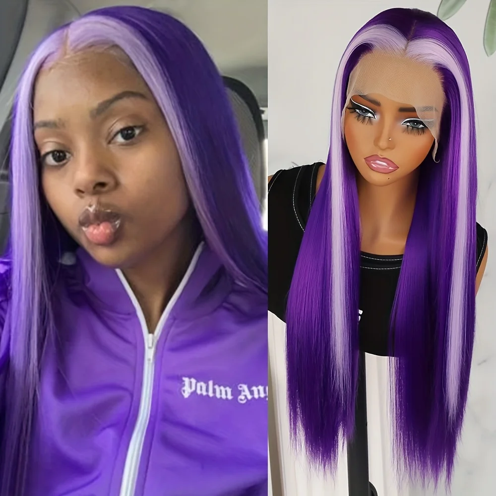 

Glueless Long Silky Straight Hair Light Purple Ombre Color Skunk Stripe Wig Heat Resistant Fiber Synthetic Lace Front Wigs Party