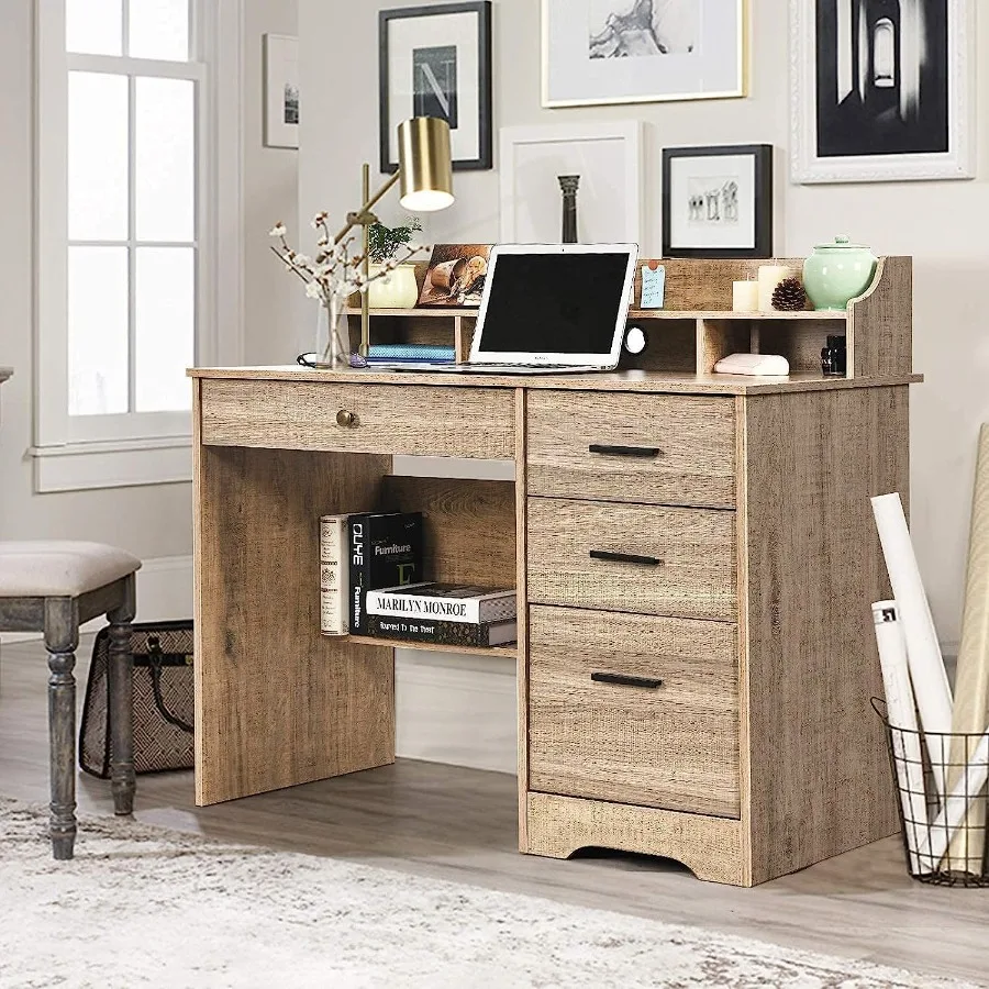 Computer Desk with 4 Drawers and Hutch Wood Executive Desks with File Drawer and Shelves Small Desk Study Table for Bedroom Stu