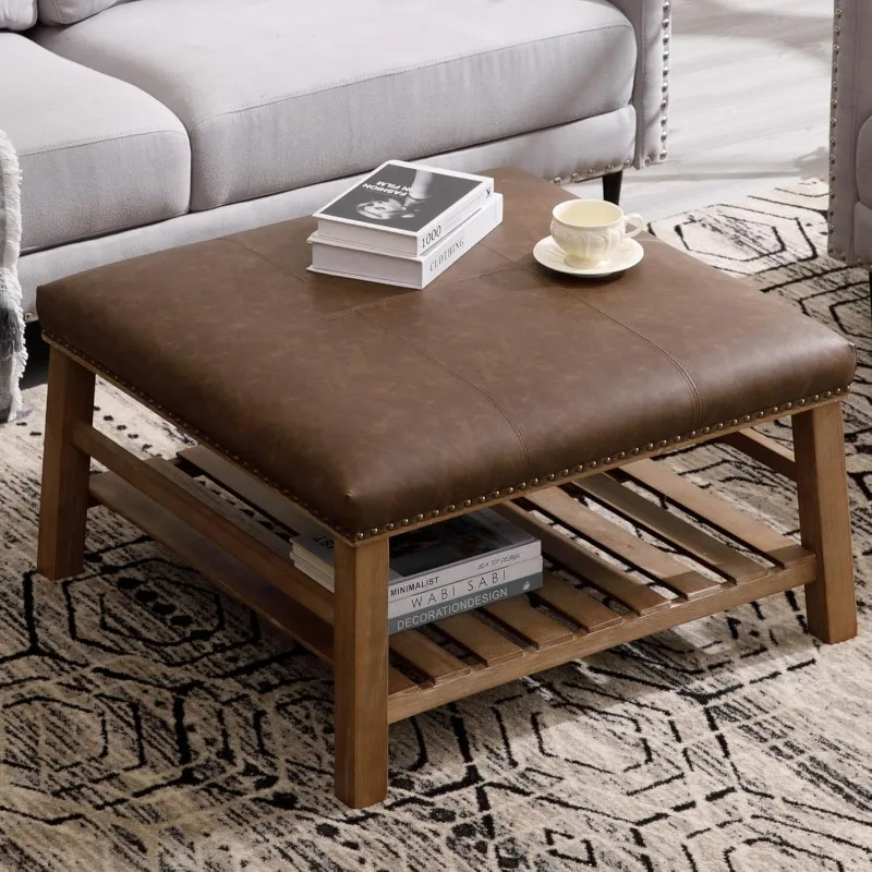 Rivet-Trimmed Coffee Table Upholstered PU Leather Side Table with Shelf Half Open Storage Ottoman End Table for Living Room