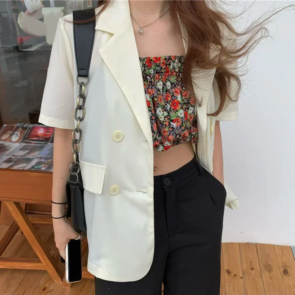 

Fashionable Casual Blazers Women Loose Jacket Female Tops Lapel Loose Short Sleeve Single Breasted Turndown Collar