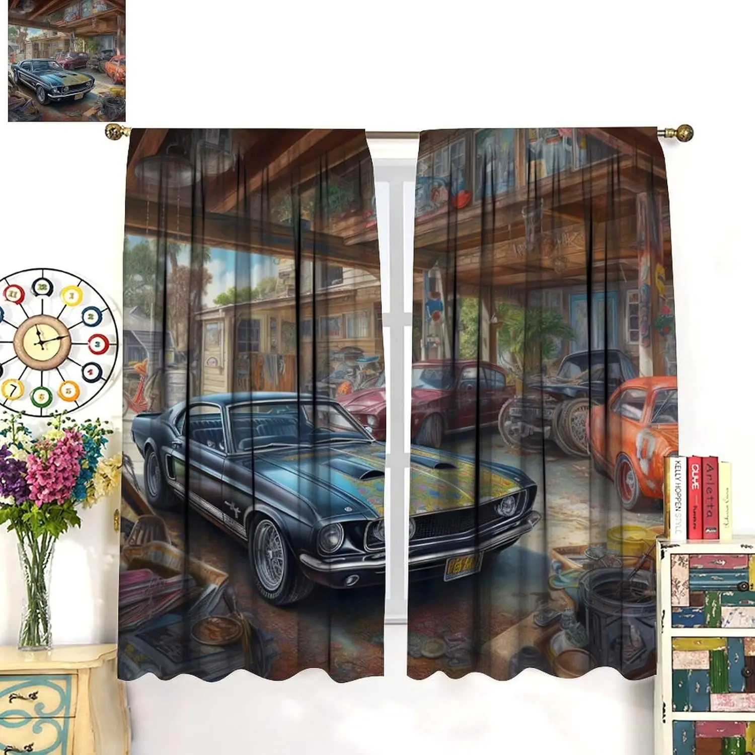 Retro Truck Decor Curtains, Rustic Cartoon Antique Old Car Vintage Barn Farm Window Treatments 2 Panels Curtain for Man Boy