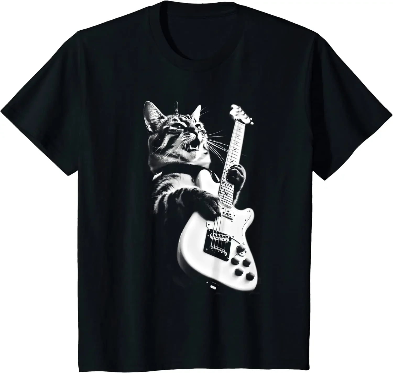 Rock Cat Playing Guitar Funny Guitar Cat Men T-Shirt Hiphop Oversized T Shirt Casual Cotton Daily Four Seasons Streetwear Tees