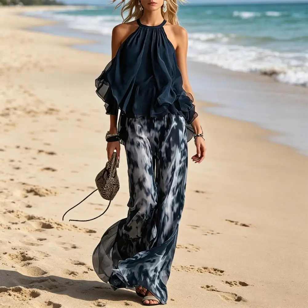 Casual Hight Waist Summer Outfits Sexy Halter Sleeveless Top & Wide Leg Pant Set Womem Elegant Pattern Print Loose 2 Piece Suit