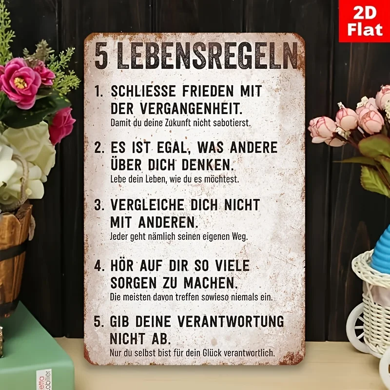 2D Flat - Inspirational 2D Flat Metal Sign, 1 - The 5 Rules of Life | Wall Decoration in with German Introduction, Perfect for H