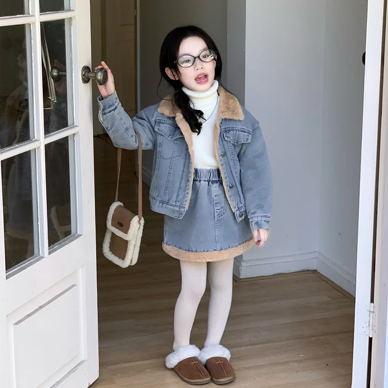 Girls' Velvet Denim Half Skirt Set Winter Turn Down Collar Raw Edge Cowboy Jacket Korean Fashion Girls Warm Skirts 2 Piece Set