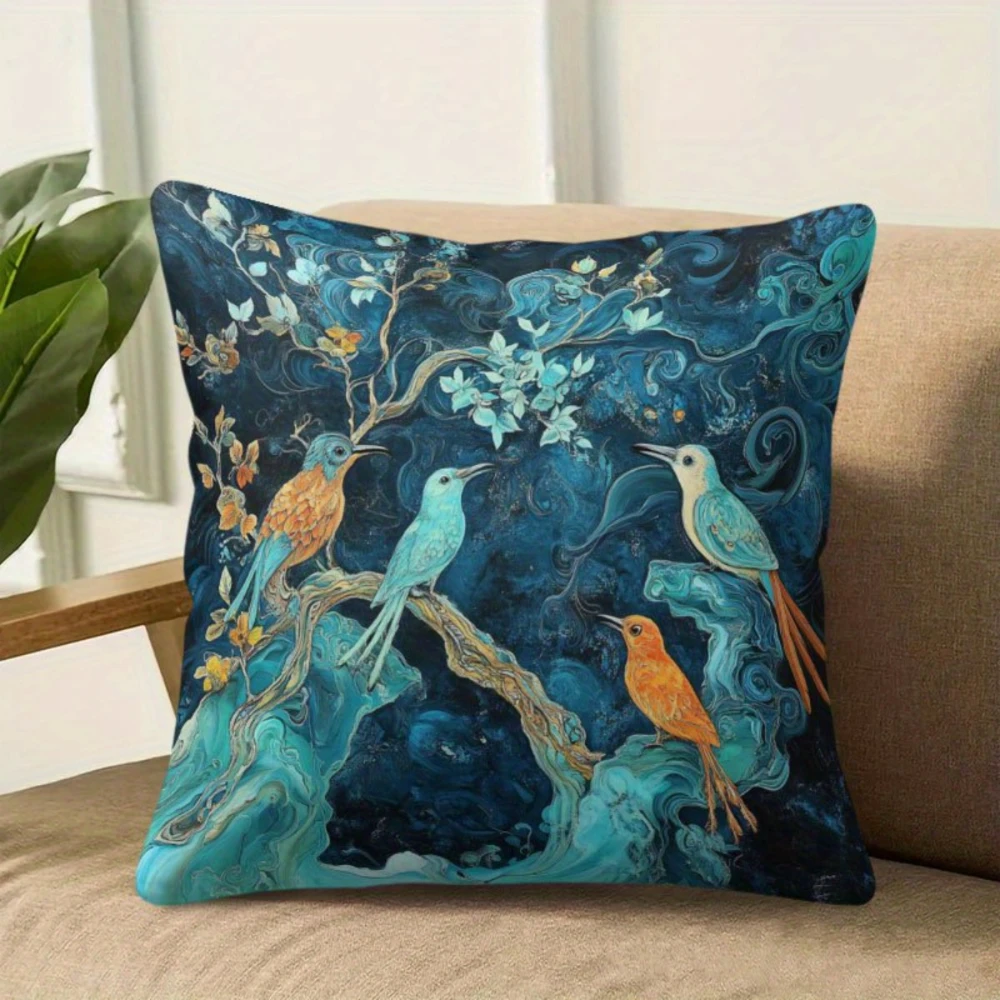 1PC Throw Pillow Cover,Kingfisher Bird Floral Print,Watercolor Botanical Style,For Sofa Bedroom Couch Home Decor