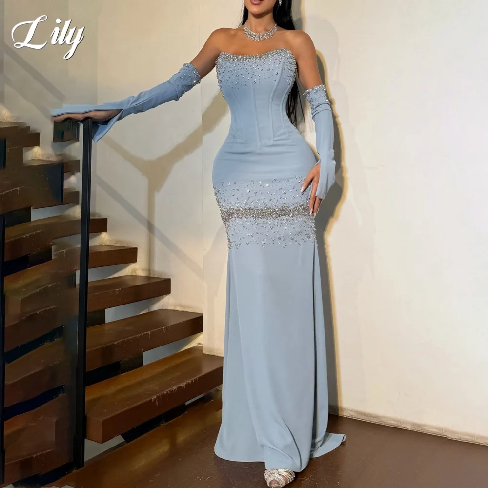 

Lily Blue Party Gown Crystals Pleats Night Dress Trumpet Sweetheart Wedding Evening Dress Corset Back robes de soirée Customized