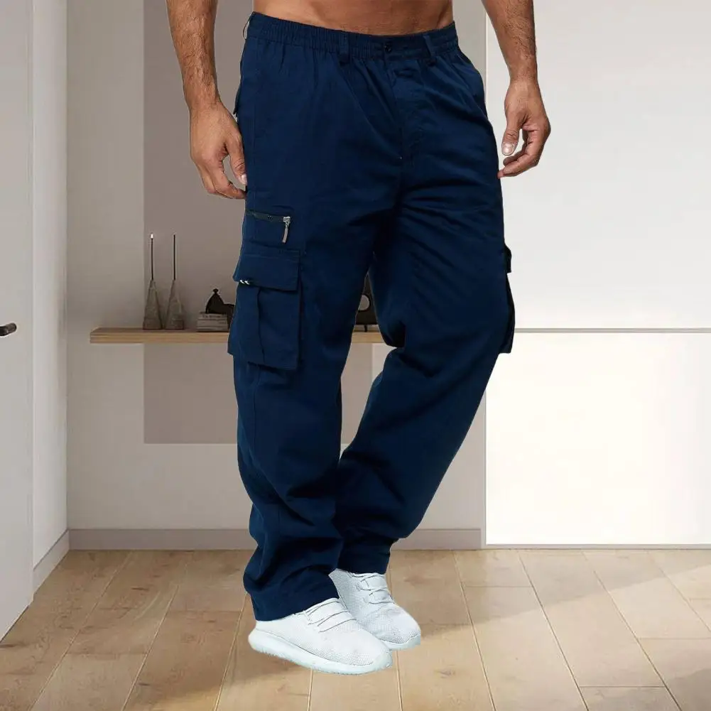 Men Spring Fall Pants with Multi Pockets Elastic Waist Straight Leg Sweatpants Stretchy Slacks Loose Sport Jogging Trousers